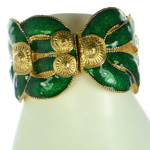 Vintage Kenneth Jay Lane KJL Green Enamel & Gold-tone Bracelet - Picture 2 of 10